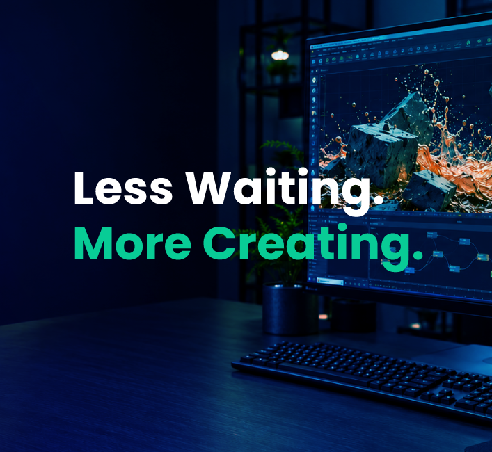 Less Waiting, More Creating Text Overlaid on an Image of a Workstation and Monitor Running Houdini